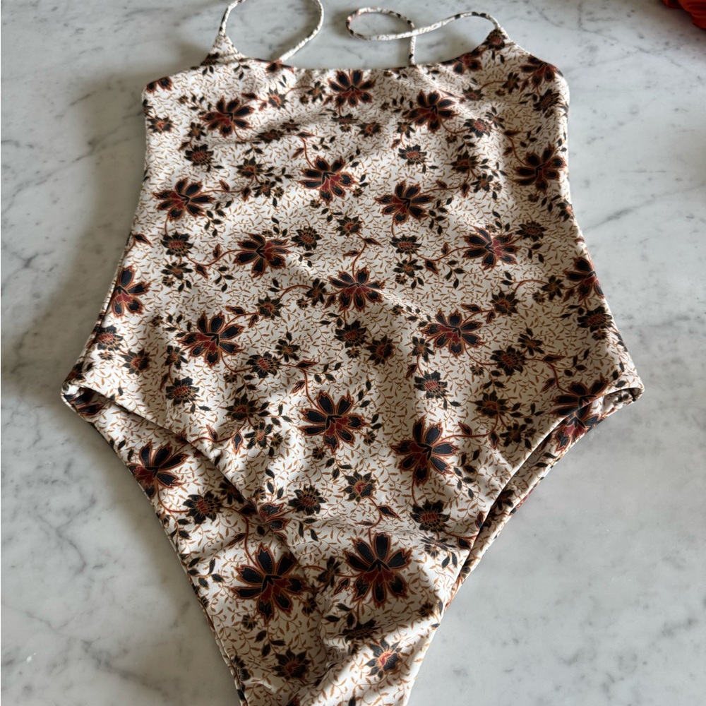 Vintage Floral Cream and Brown One Piece Swimwear